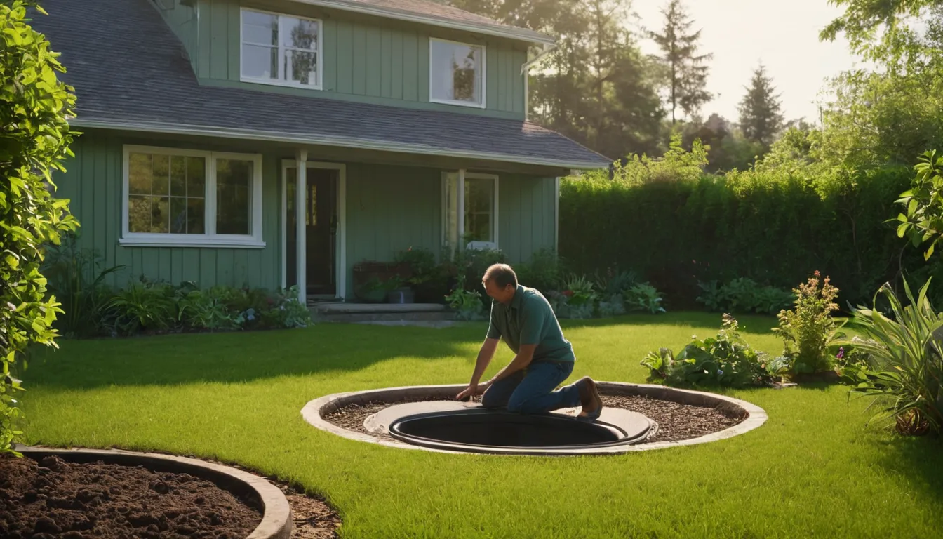 Provider inspecting a septic tank access lid in a Dearborn yard