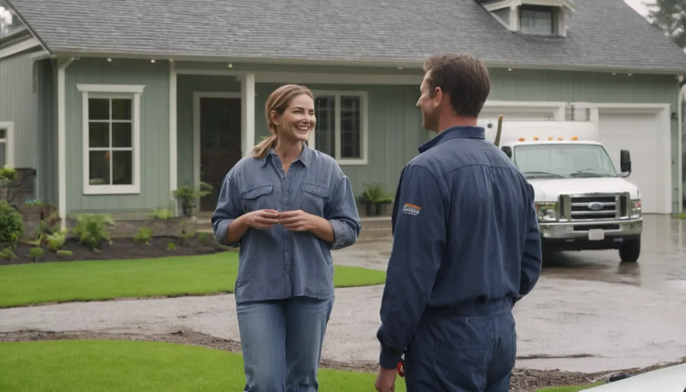 Homeowner talking with a septic service provider beside a pumping truck near a Dearborn house