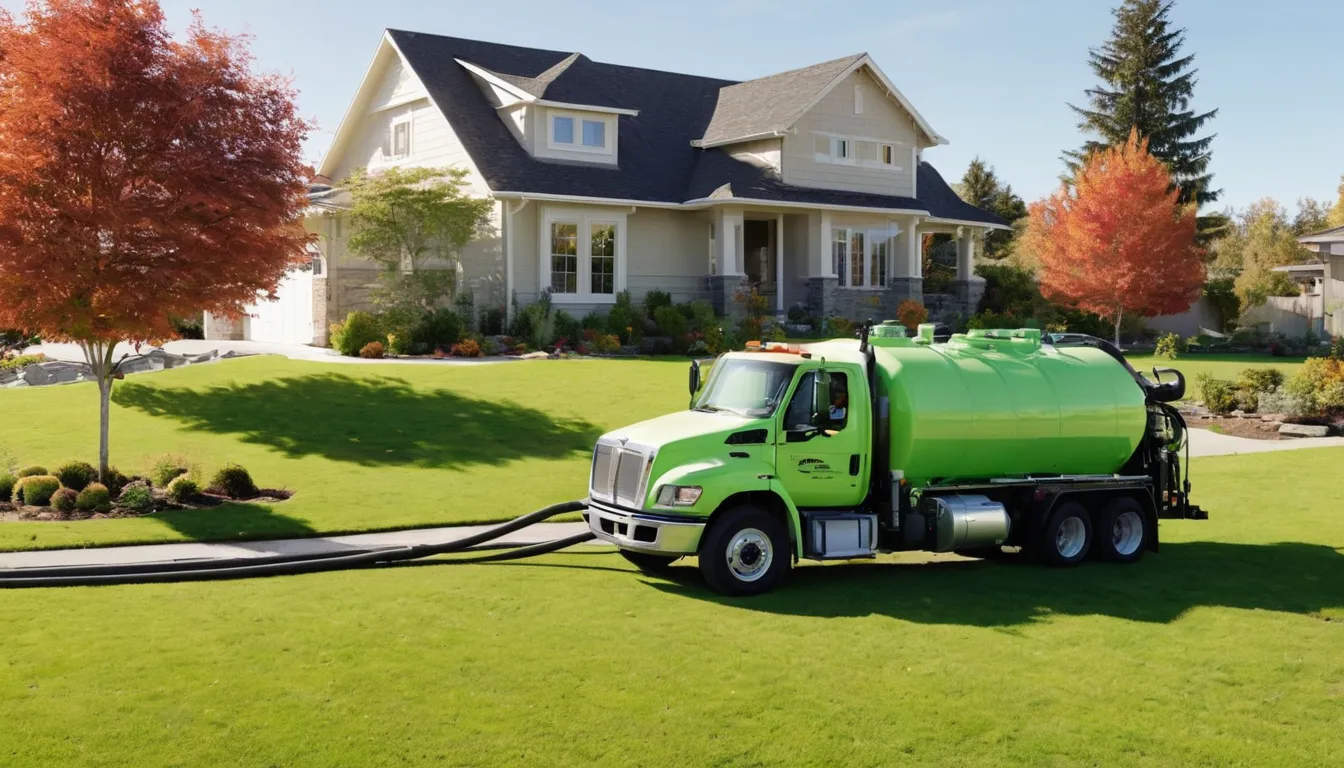 A septic pumping truck parked beside a home in the Dearborn area while a provider checks the tank lid